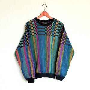 Vintage 80s Bianculli Neon Geometric Maximalist Women's Sweater Size L RARE